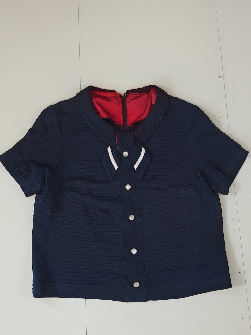 Vintage Navy Textured Bow Blouse Pearl Button Top Short Sleeve Tie Neck Approx M